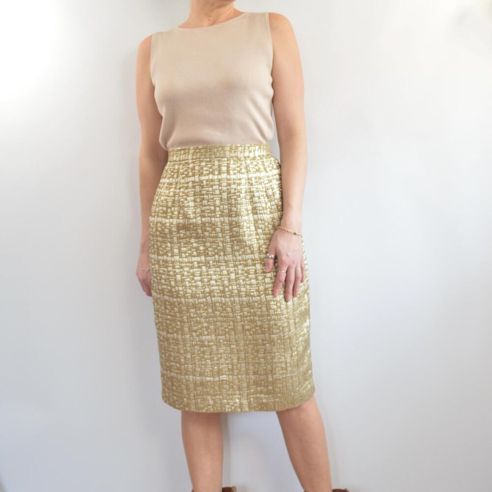 abstract geometrical gold and ivory knee length skirt